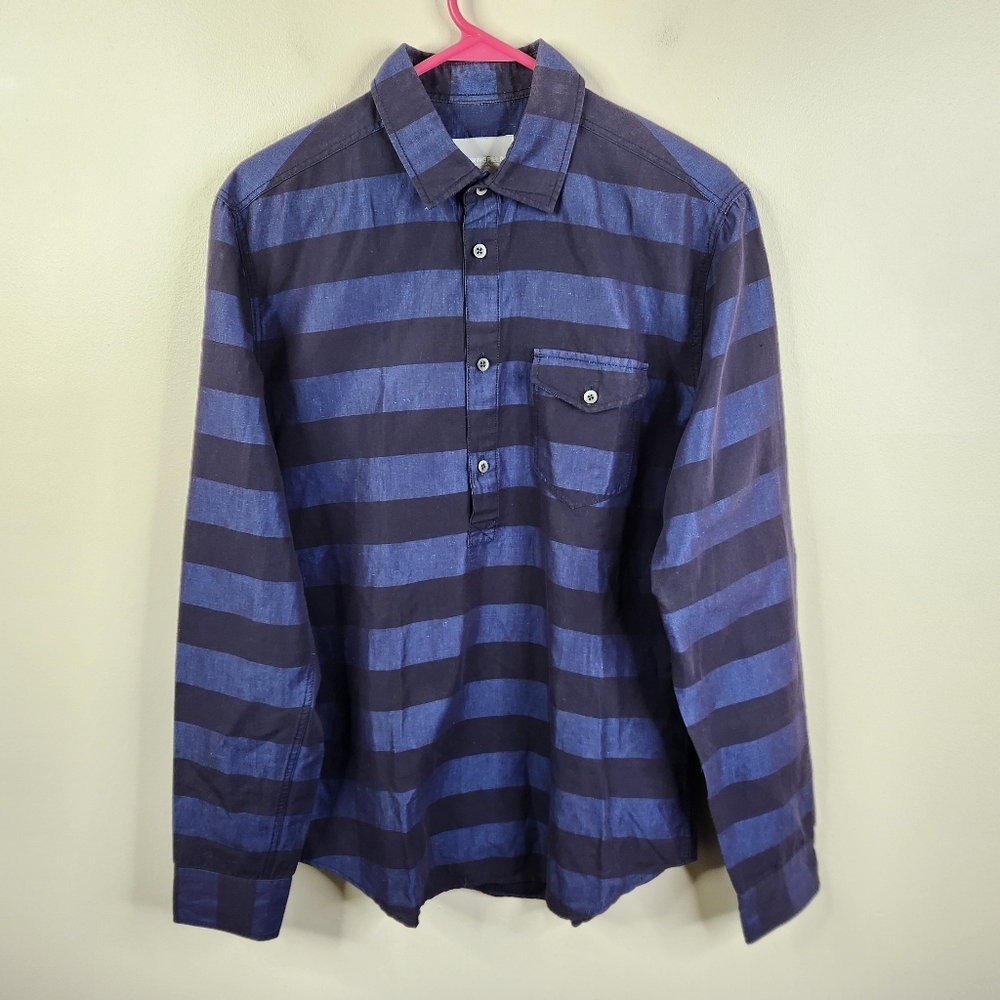 Springfield LS Block Striped Cotton Linen Blend 1/2 Button Popover Shirt 38 - M